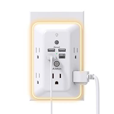 Surge Protector, Outlet Extender with Night Light, Addtam 5-Outlet Splitter and 4 USB Ports(1 USB C), Multi Plug Wall Outlet for Home Office Dorm Room Essentials image