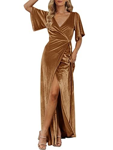 MEROKEETY Women's V Neck Wrap Velvet Maxi Dress Bell Sleeve Split Bridesmaid Cocktail Party Dresses, Golden, X-Large image
