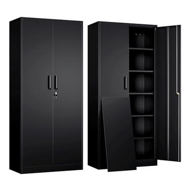 Yizosh Metal Garage Storage Cabinet with 2 Doors and 5 Adjustable Shelves - 71" Steel Lockable File Cabinet,Locking Tool Cabinets for Office,Home,Garage,Gym,School (Black) image