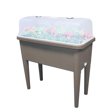 FENCETECH 20.8 Gallon Self Watering Raised Garden Bed with Ventilation Transparent Lid Greenhouse, 30 x 25.6 x 15 in Plastic Plant Box with Legs and Drainage Plug, Brown image