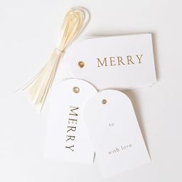 Merry Market Christmas Holiday Letterpress Gift Tags, Merry and to/with Love, Set of 25 with Ribbon image