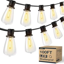 addlon 100FT(50FT*2) LED Outdoor String Lights Waterproof Patio Lights with 32 Shatterproof ST38 Replaceable Bulbs(2 Spare), Dimmable Outside Hanging Lights Connectable for Porch, Backyard, 2200K image