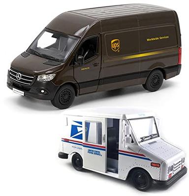 📦 UPS Mercedes-Benz Sprinter + 📬 United States Postal Mail Truck Grumman LLV 5 Inch Die Cast Metal Model Toys SetOf2 image