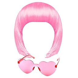 MIAHART Pink Short Bob Wig and Sunglass Set, Neon Colored Wigs Costume Colorful Cosplay Wigs Daily Party Hairpieces for Bachelorette Glow in The Dark Neon Party Favors Halloween Decorations Supplies image