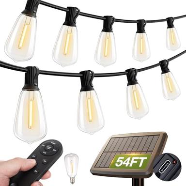 addlon 54(48+6) FT Solar String Lights Waterproof,Patio Lights Solar Powered with Remote & USB Port 15+1 LED Shatterproof Bulbs 3 Light Modes, Dimmable Solar Lights for Camping Backyard Garden image