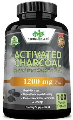 Activated Charcoal Capsules - 1,200 mg Highly Absorbent Helps Alleviate Gas & Bloating Promotes Natural detoxification Derived from Coconut Shells - per Serving - 100 Vegan Capsules image