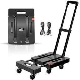 SPACEKEEPER Folding Hand Truck, 500 LB Heavy Duty Luggage Cart, Utility Dolly Platform Cart with 6 Wheels & 2 Elastic Ropes for Luggage, Travel, Moving, Shopping, Office Use, Black image