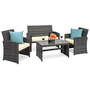 Best Choice Products 4-Piece Outdoor Wicker Patio Conversation Furniture Set for Backyard w/Coffee Table, Seat Cushions - Gray/Cream image