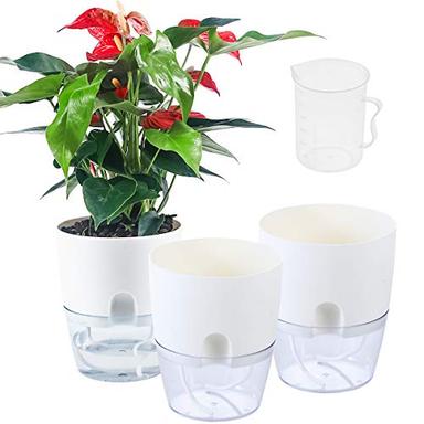 UltraOutlet 3 Pack Self Watering Planters 6 Inch Plant Pots Self Watering Pots Planters for Indoor Plants Plastic Flower Pot with a Watering Bottle image
