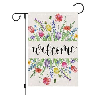 Louise Maelys Welcome Spring Garden Flag 12x18 Double Sided Vertical, Burlap Small Tulip Floral Flower Garden Yard House Flags Outside Outdoor House Hello Spring Summer Decoration (ONLY FLAG) image