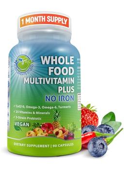 Vegan Whole Food Multivitamin without Iron, Daily Multivitamin for Women and Men, Made with Fruits & Vegetables, B-Complex, Probiotics, Enzymes, CoQ10, Omegas, Turmeric, Non-GMO, 90 Count image