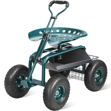 VEVOR Garden Cart Rolling Workseat with Wheels, Gardening Stool for Planting, 360 Degree Swivel Seat, Wagon Scooter with Steering Handle & Utility Tool Tray, Use for Patio, Yard, and Outdoors, Green image