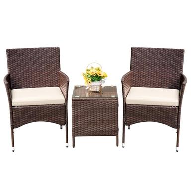 Devoko Patio Porch Furniture Sets 3 Pieces PE Rattan Wicker Chairs with Table Outdoor Garden Furniture Sets (Brown/Beige) image