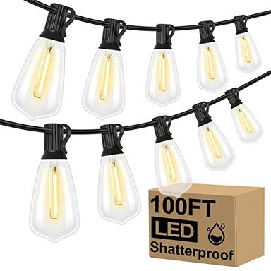 Brightever LED Outdoor String Lights 100FT Patio Lights with 52 Shatterproof ST38 Vintage Edison Bulbs, Outside Hanging Lights Waterproof for Porch, Deck, Garden, Backyard, Balcony, 2700K Dimmable image