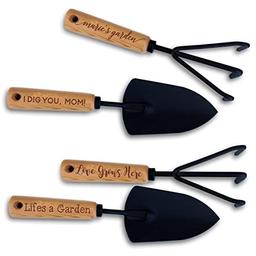 Etchey Personalized Custom Garden Shovel Trowel Tools Set with Engraved Wood Handle image