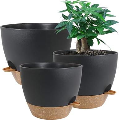 UOUZ Large Self Watering Pots, 12/10/9 Plastic Planters with High Drainage Holes and Deep Reservoir for Indoor Outdoor Garden Plants and Flowers, Black with Brown image