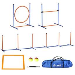 PawHut 7 Pieces Dog Agility Training Equipment, Dog Agility Equipment, Pet Obstacle Course Starter Kit with Weave Poles, Adjustable Hurdle, Jumping Ring, Pause Box, Whistle, Toy Balls for Backyard image