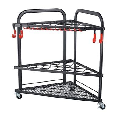 PLKOW Garden Tool Organizer with Wheels and Storage Hooks, Rolling Corner Tool Storage Rack for Garden, Shed, Garage, Powder Coated Steel, Black image