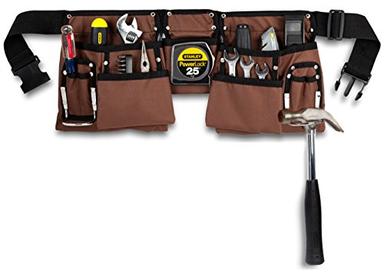 11 Pocket Brown and Black Heavy Duty Construction Tool Belt, Work Apron, Tool Pouch, with Poly Web Belt Quick Release Buckle - Adjusts from 33” Inches All the Way to 50” Inches image