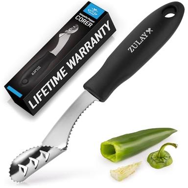 Zulay Kitchen Jalapeno Corer Tool - Jalapeno Popper Cutter Pepper Deseeder With 2-In-1 Serrated Edge and Seed Remover For Cutting And Deseeding - Bell Pepper Corer Tool For Vegetables - Black image