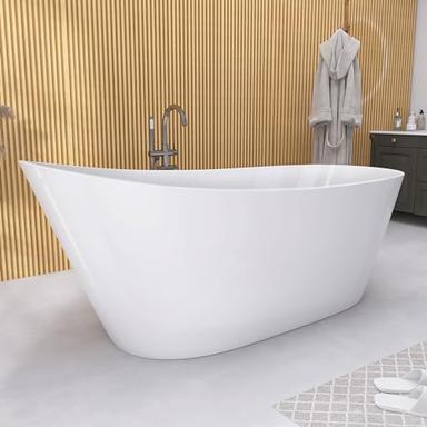 GETPRO Free Standing Tub 59" Acrylic Freestanding Bathtub Adjustable Soaking Bath Tub Oval Shape with Integrated Slotted Overflow and Chrome Anti-clogging Drain Glossy White image