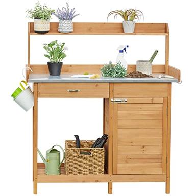 Yaheetech Outdoor Garden Potting Bench Table Work Bench Metal Tabletop W/Cabinet Drawer Open Shelf Natural Wood image