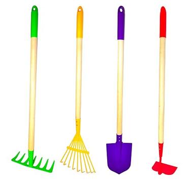 JustForKids Kids Garden Tool Set Toy, Rake, Spade, Hoe and Leaf Rake, reduced size , made of sturdy steel heads and real wood handle, 4-Piece, Multicolored, 5yr+ image
