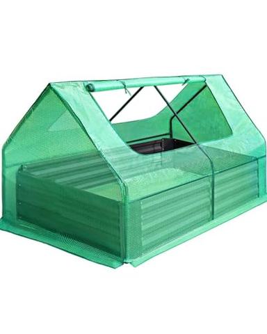 Quictent 4x3x1 Ft Extra-Thick Galvanized Steel Raised Garden Bed Planter Kit Box with Greenhouse 2 Large Zipper Windows Dual Use, 20pcs T-Types Tags & 1 Pair of Gloves Included (Green) image