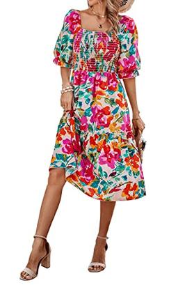 PRETTYGARDEN Women's Summer Casual Midi Dress 2024 Spring Puff Sleeve Square Neck A-line Flowy Boho Floral Smocked Dresses image