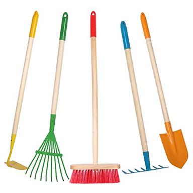 Giggle Goods 5-Piece Kids Garden Tool Set - Multicolored Kids Gardening Tools with Wooden Handle and Metal Head - Kids Size Rake, Spade, Hoe, Leaf Rake, and Broom for Kids Ages 7 Years Old and Up image