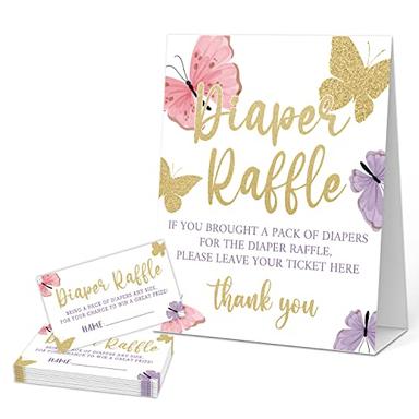Baby Shower Game Set - Includes 1 Diaper Raffle Sign & 50 Diaper Raffle Tickets, Purple Butterfly Baby Shower Decoration Supplies for Baby Gender Reveal Party Games -niaobu-a006 image