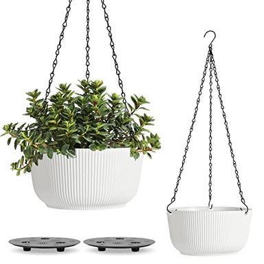 T4U Hanging Planter Self Watering 8 Inch, 2 Pack White Indoor Outdoor Hanging Plant pots, Hanging Flower Pot with Drainage Hole & Plug & Chain with 3 Hooks for Garden Home Decor image