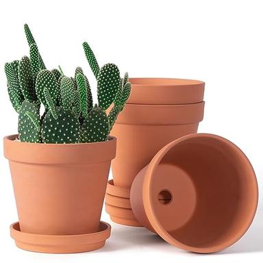 6 inch Clay Pots for Plants with Saucer, Large Terra Cotta Plant Pots with Drainage Hole, Flower Pots with Tray, Terracotta Pots for Indoor Outdoor Plant - Pack of 4 Planters image