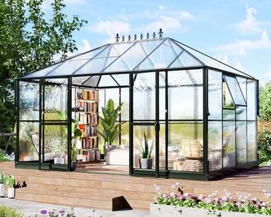 HOWE 14x9.5x9 FT Polycarbonate Greenhouse with 2 Vents and Double Swing Doors 6FT Added Wall Height, Walk-in Large Winter Greenhouse Sunroom Aluminum Greenhouse for Outdoors, Black image
