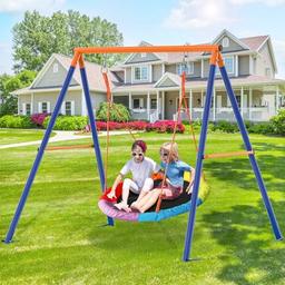 GIKPAL Saucer Swing with Stand for Kids Outdoor, 440lbs Swing Set with Heavy-Duty Metal Frame and Adjustable Ropes, Safe Waterproof Round Swing for Backyard Playground Park, Rainbow Color image