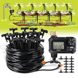 HIRALIY 65FT Automatic Drip Irrigation Kits with Garden Timer, 1/4" Blank Tubing and 4-outlets Misting Watering Nozzles, Auto Plant Watering System for Patio Lawn, Watering Regularly by Timer image