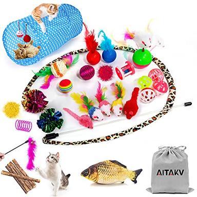 AILUKI 31 PCS Cat Toys Kitten Toys Assortments,Variety Catnip Toy Set Including 2 Way Tunnel,Cat Feather Teaser,Catnip Fish,Mice,Colorful Balls and Bells for Cat,Puppy,Kitty image