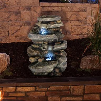 Pure Garden 50-0006 Outdoor Water, Natural Looking Soothing Sound for Patio and Gaden Stone Waterfall Fountain with LED Lights, 19.4x15, Brown image