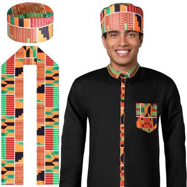 Hicarer 3 Pcs African Kente Pattern Costume Set with Button Shirt Kufi Hat Scarf Stole Sash Outfit for Juneteenth Black History image