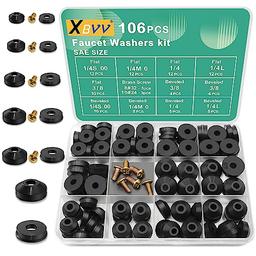 XBVV 106 PCS Faucet Washer Assortment Kit with Assorted Flat and Beveled Rubber Washers for Outdoor Garden Faucet Stem Leak Worn Replacement Repair image