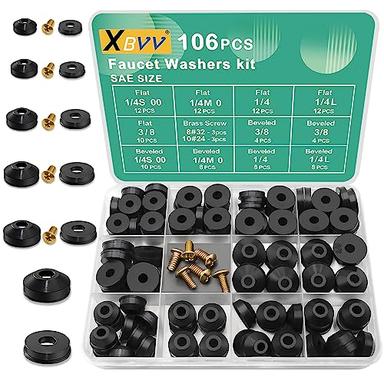 XBVV 106 PCS Faucet Washer Assortment Kit with Assorted Flat and Beveled Rubber Washers for Outdoor Garden Faucet Stem Leak Worn Replacement Repair image