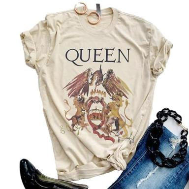 Women Vintage Rock Band T Shirt Fashion Music Graphic Tees Short Sleeve Casual Tops(M,A-Beige) image
