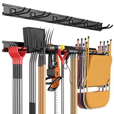 Garage Tool Storage Organizers Wall Mounted with 6 Removable Hooks and 3 Board, Super Heavy Duty Powder Coated Steel Garden Tool Hanger Rack for Chair, Broom, Mop, Rake Shovel & Tools image