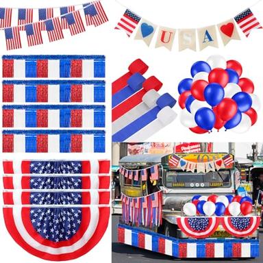 Crowye 122 Pcs Independence Day Parade Float Decoration Set, 10 Pcs Metallic Foil Fringe Curtains, 6 4th of July Patriotic Banners, 6 Red White Blue Crepe Paper Streamers for Mardi Gras Party Decor image