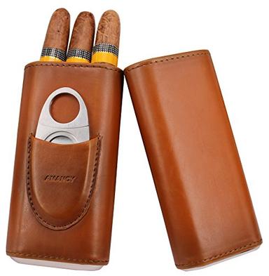 AMANCY Premium 3- Finger Brown Leather Cigar Case, Cedar Wood Lined Cigar Humidor with Silver Stainless Steel Cutter image