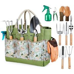 Grenebo Gardening Tools 9-Piece Heavy Duty Gardening Hand Tools with Fashion and Durable Garden Tools Organizer Handbag,Rust-Proof Garden Tool Set, Ideal Gardening Gifts for Women image