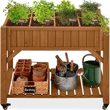 Best Choice Products Elevated 8 Pocket Herb Garden Bed, Mobile Raised Customizable Wood Planter for Herbs, Vegetables, Flowers w/Lockable Wheels, Storage Shelf, Drainage Holes - Acorn Brown image