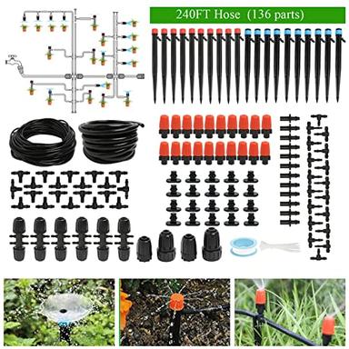 240FT Drip Irrigation System Kit, Automatic Garden Watering Misting System for Greenhouse, Yard, Lawn, Plant with 1/2 inch Hose 1/4 inch Distribution Tubing and Accessories image