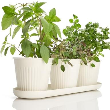 KIBAGA Beautiful Herb Garden Planter Indoor Set of 3 - Perfect for Any Kitchen Window Sill or Countertop - A Modern Decor Gardening Planter Kit Incl. Tray & Drainage Holes to Grow Fresh Herbs at Home image