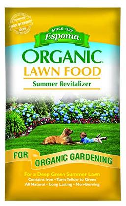 Espoma Organic Lawn Food Summer Revitalizer 8-0-0 Natural & Organic Fertilizer for All Lawns; Provides Iron & Long Lasting Organic Nitrogen for a Greener Lawn. 30 lb. Bag Covers up to 5,000 Sq. Ft. image